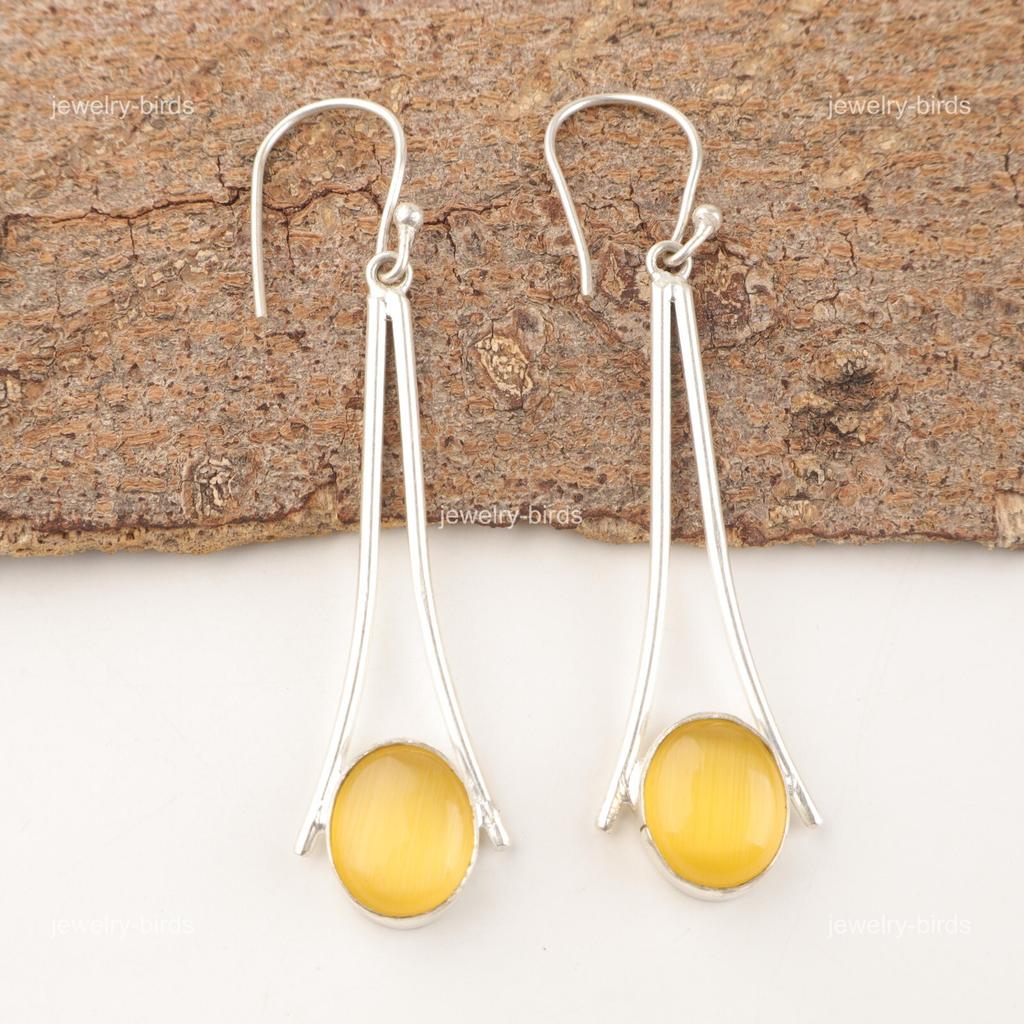 Oval Yellow Cat's Eye Gemstone 925 Silver Dangle Drop Anniversary Gift Earrings EE-136-37