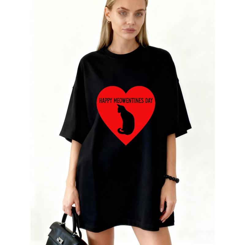 Oversized T Shirt Black Happy Meowentines Day Cat Heart Print For Valentine s Day And Cat Lovers S