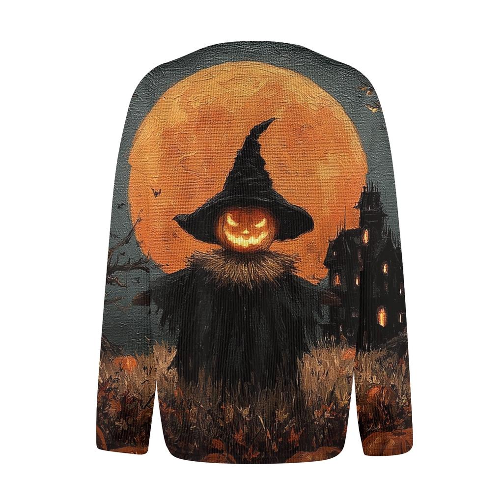 Women's Long Sleeve Knit Cardigan with Halloween Print Button Front for Holiday Party