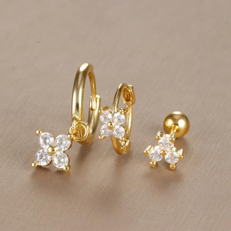 

3 шт. винтажный дизайн, четыре цветка, циркониевые серьги-кольца, набор для женщин, крошечные серьги из нержавеющей стали для пирсинга хряща, ювелирные изделия, подарок 3 PCS WITH A SET