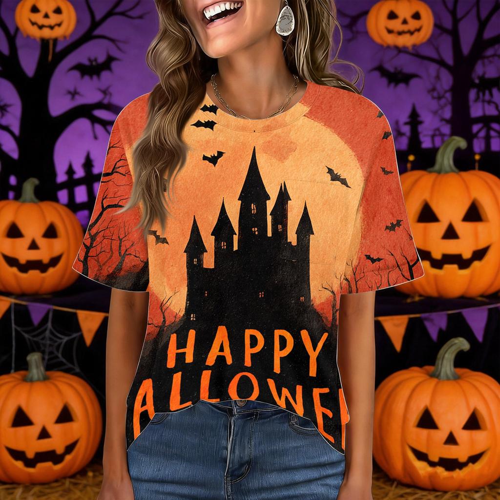 Women's Casual Short Sleeve Pullover Top Halloween Print Round Neck Pocket Loose Fit Lightweight Shirt for Everyday Wear