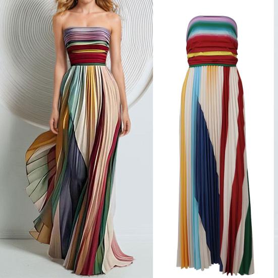 Colorful Tube Top Gown Dress Off Shoulder Striped Print Long Dress High Waist Wedding Guest Prom Cocktail Party Dress