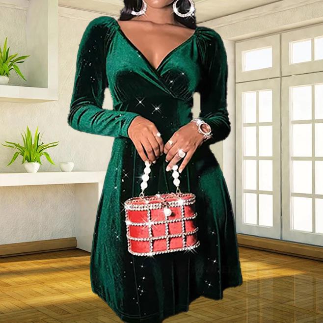 

European & American Women s V-Neck Long Sleeve Dress - Holiday Formal Wear for Spring & Autumn 2025 L темно-зелений колір