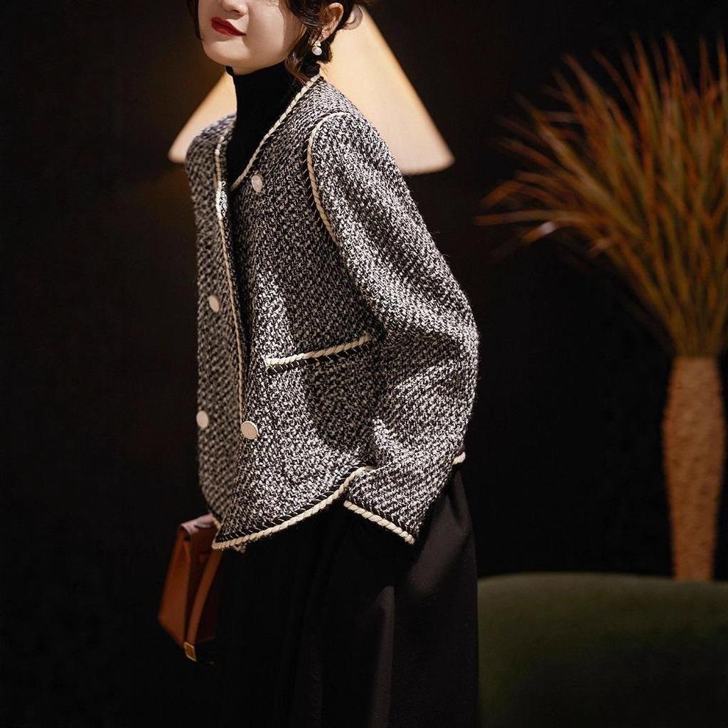 Elegant French Wool-Blend Tweed Double-Breasted Jacket for Women