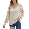 Pulover tricotat pentru femei, cu decolteu în V, cu mânecă lungă, cu îmbinare din dantelă, pulover