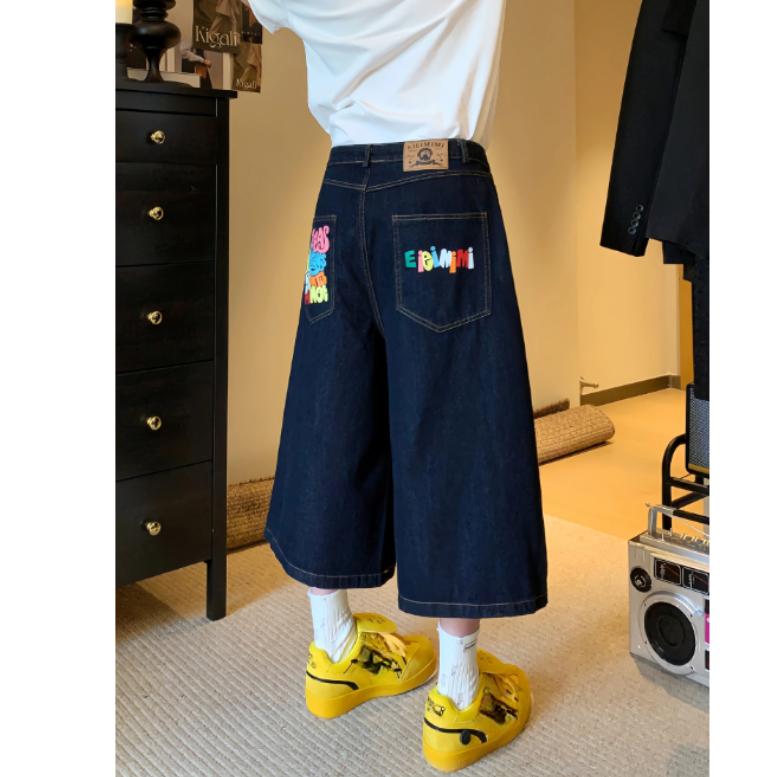 Y2K Retro Baggy Jeans: Unisex Harajuku Hip-Hop Gothic Style with Embroidered Pockets, Low-Waist Wide-Leg Blue Trousers
