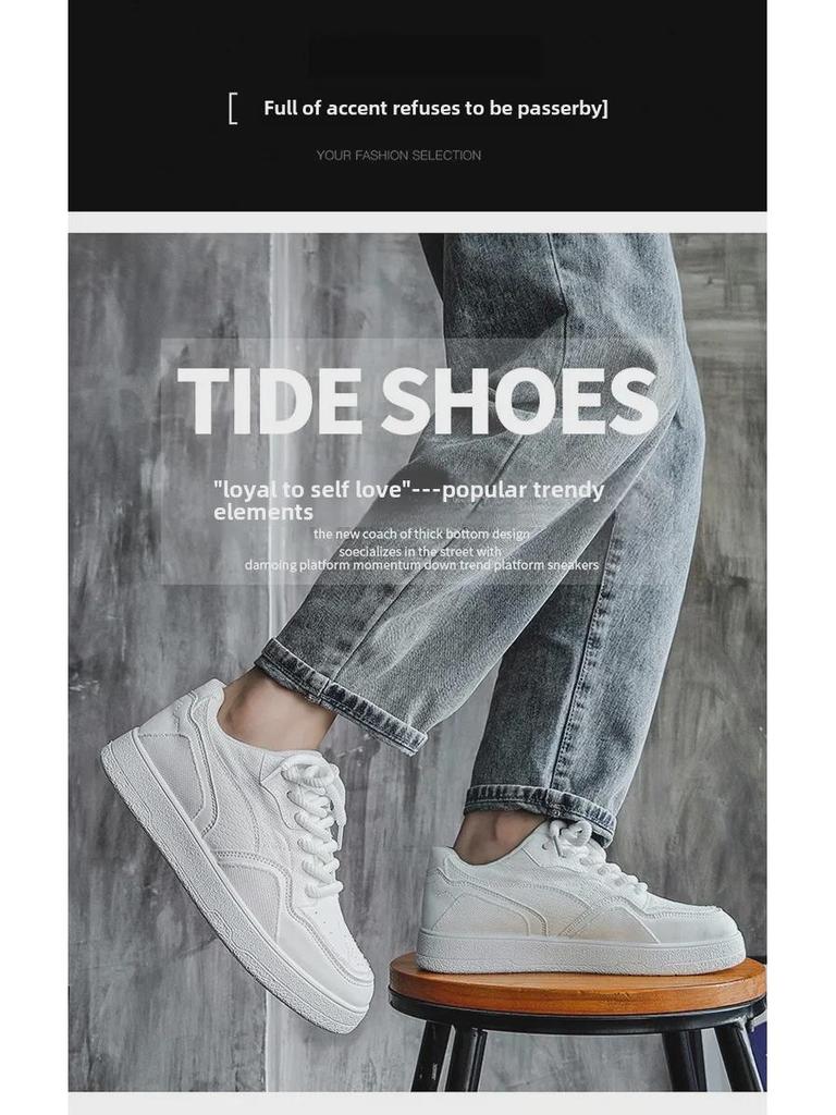 Men's Black Thick-Soled Casual Low-Top Sneakers - Height-Boosting, Wear-Resistant, Soft-Soled, Trendy Autumn Footwear for Students.