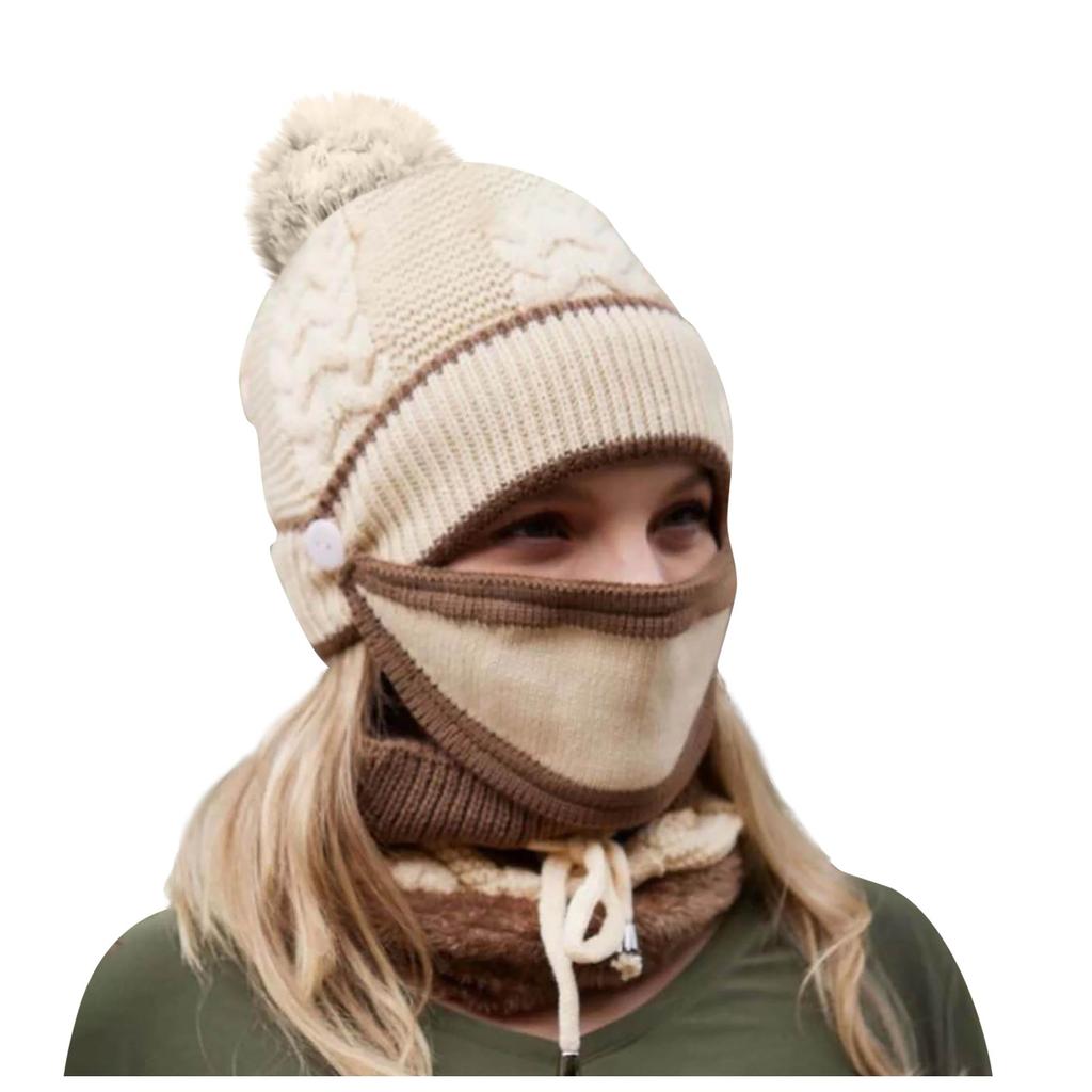 Ladies Fashion Winter Warm And Windproof Hat Scarf Mask Outdoor Three-piece Suit