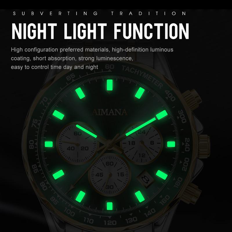 Men's Chronograph Quartz Watch Calendar Waterproof Luminous Stainless Steel Strap Luxury Wrist Watch for Men