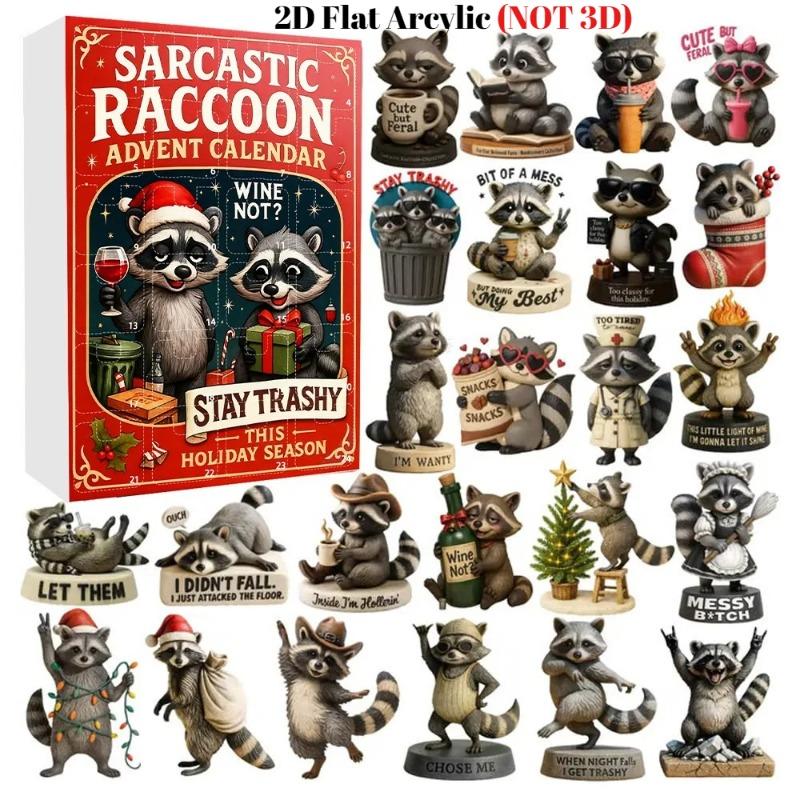 

Саркастичный енот Рождественский адвент-календарь с 24 плоскими 2D украшениями-енотами Праздничный подарок для друзей, любителей енотов разноцветный