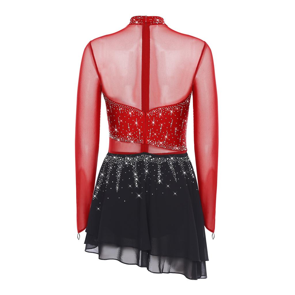 Långärmad Dansdräkt Klänning för Kvinnor Chiffongkjol Strass Scenuppträdande Kostym