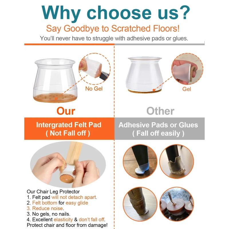 4/8/16 Pcs Round Chair Leg Protector Silicone, Chair Leg Pads, Furniture Leg Protector, Non Slip Reduce Noise Wrapped Felt Bottom