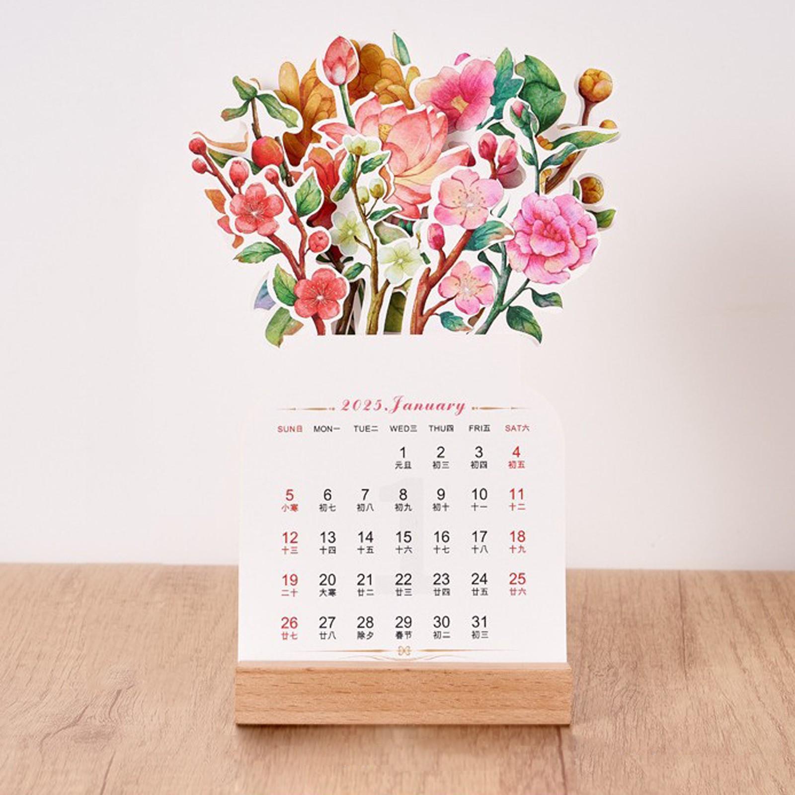 

Настольный календарь 2025, креативный настольный календарь с цветочным рисунком на деревянной основе, новогодний ежемесячный календарь-планировщик в форме вазы, перекидной декоративный One Size