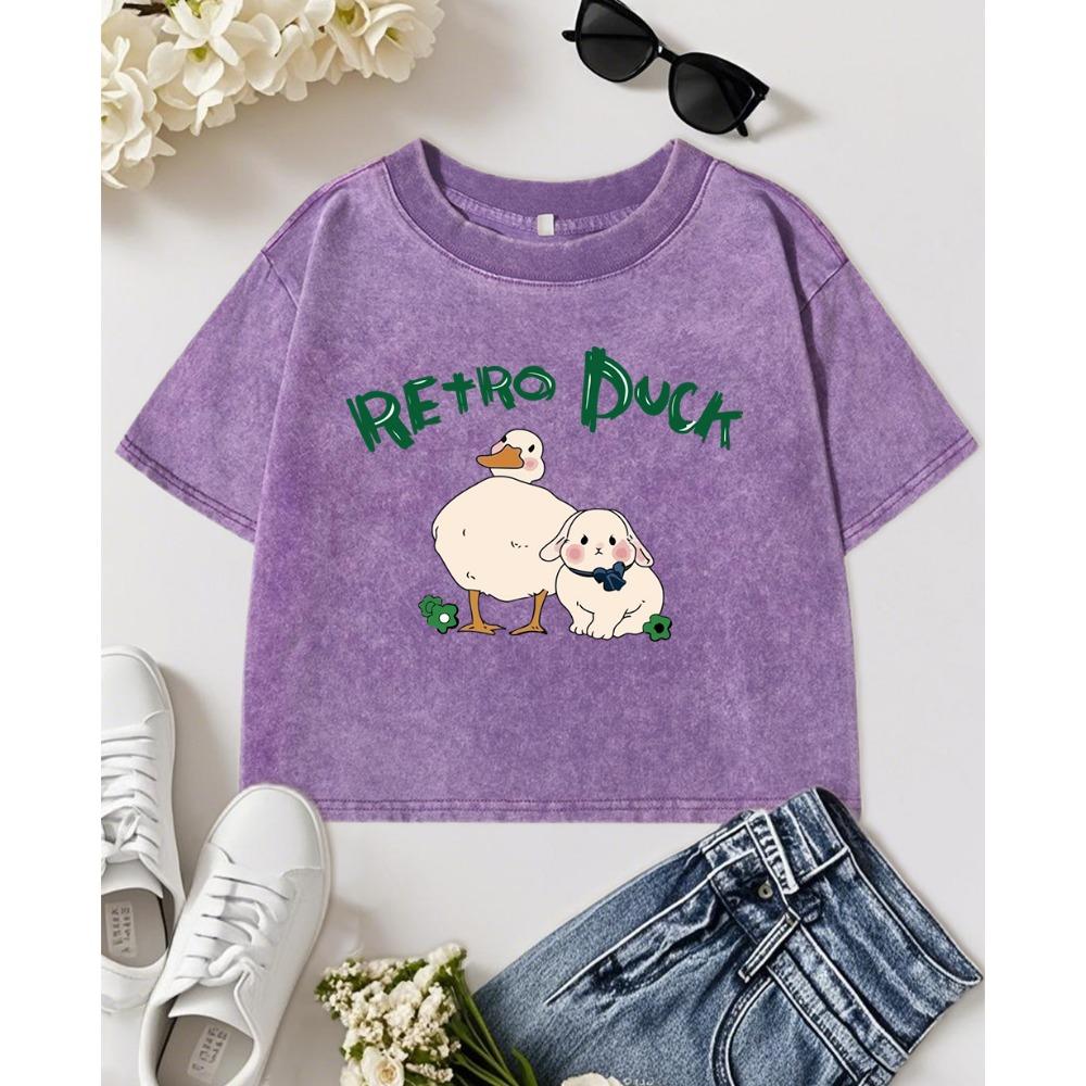 Cartoon Retro Rabbit Duck Print Washed T-Shirt Women Cotton Comfortable T Shirt Woman Streetwear Y2K Top
