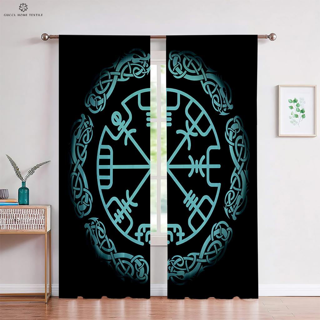 Retro Rune Pattern Dark Style Curtains, Viking Shield Print, Children's Room, Living Room, Kitchen Decoration, 2Pcs