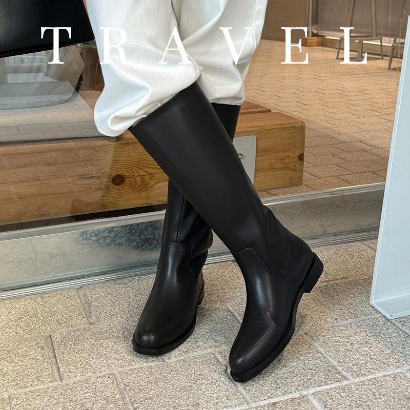Annual payment~ 2025 winter full leather British style but knee knight boots European and American temperament loose low-heeled boots