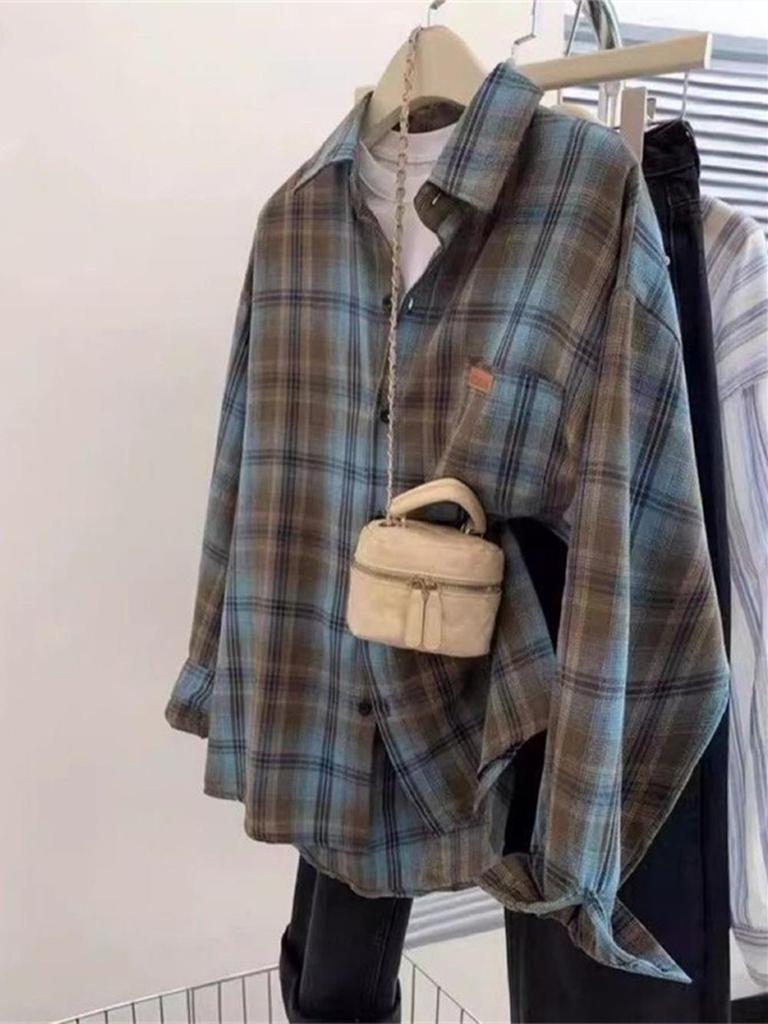 Women's Retro Plaid Contrast Shirt - Korean Style, Loose Fit, Versatile for Spring & Autumn, Unisex Lazy Style Shirt Jacket.