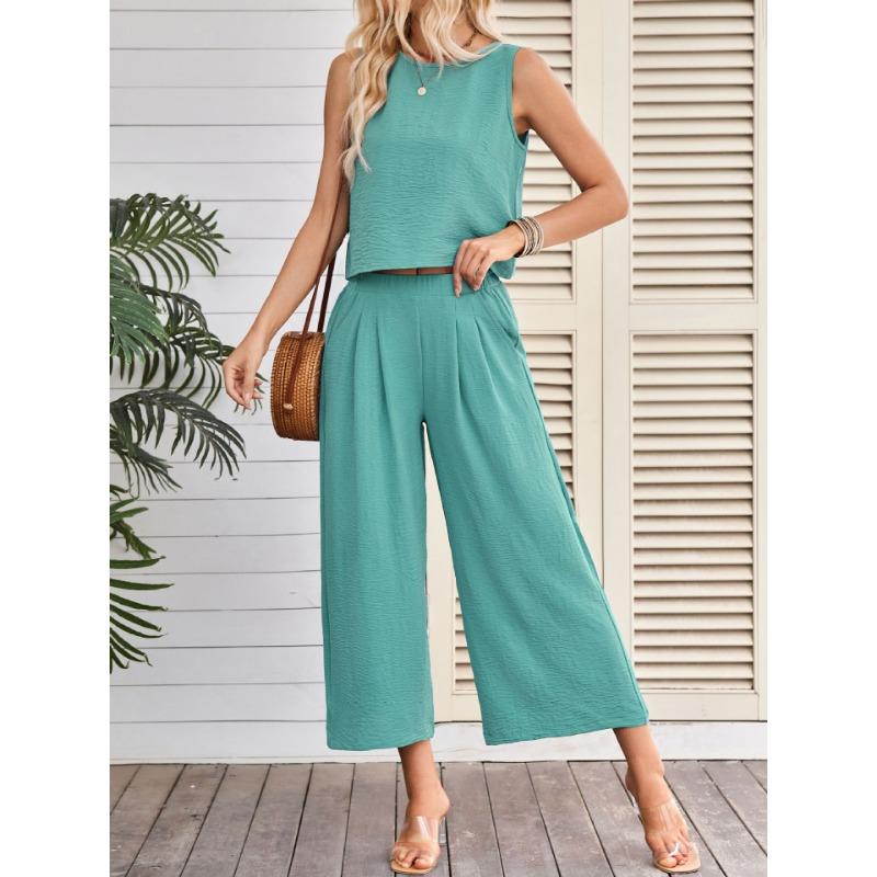 Women Summer Casual Sleeveless Vest Wide Leg Cropped Pants Two Piece Set