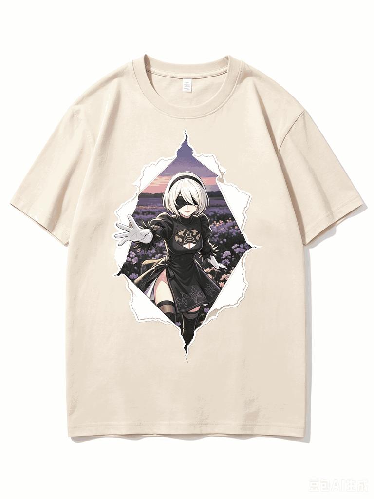 2026 New Unisex Crew Neck Casual Short Sleeve T-Shirt With Torn Paper Frame 2B Anime Character Print From NieR Automata T-shirt