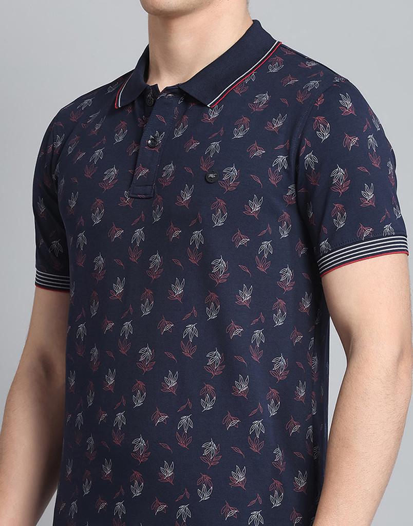 Monte Carlo Mens Printed Navy Blue Collar Neck Half Sleeve T-Shirt