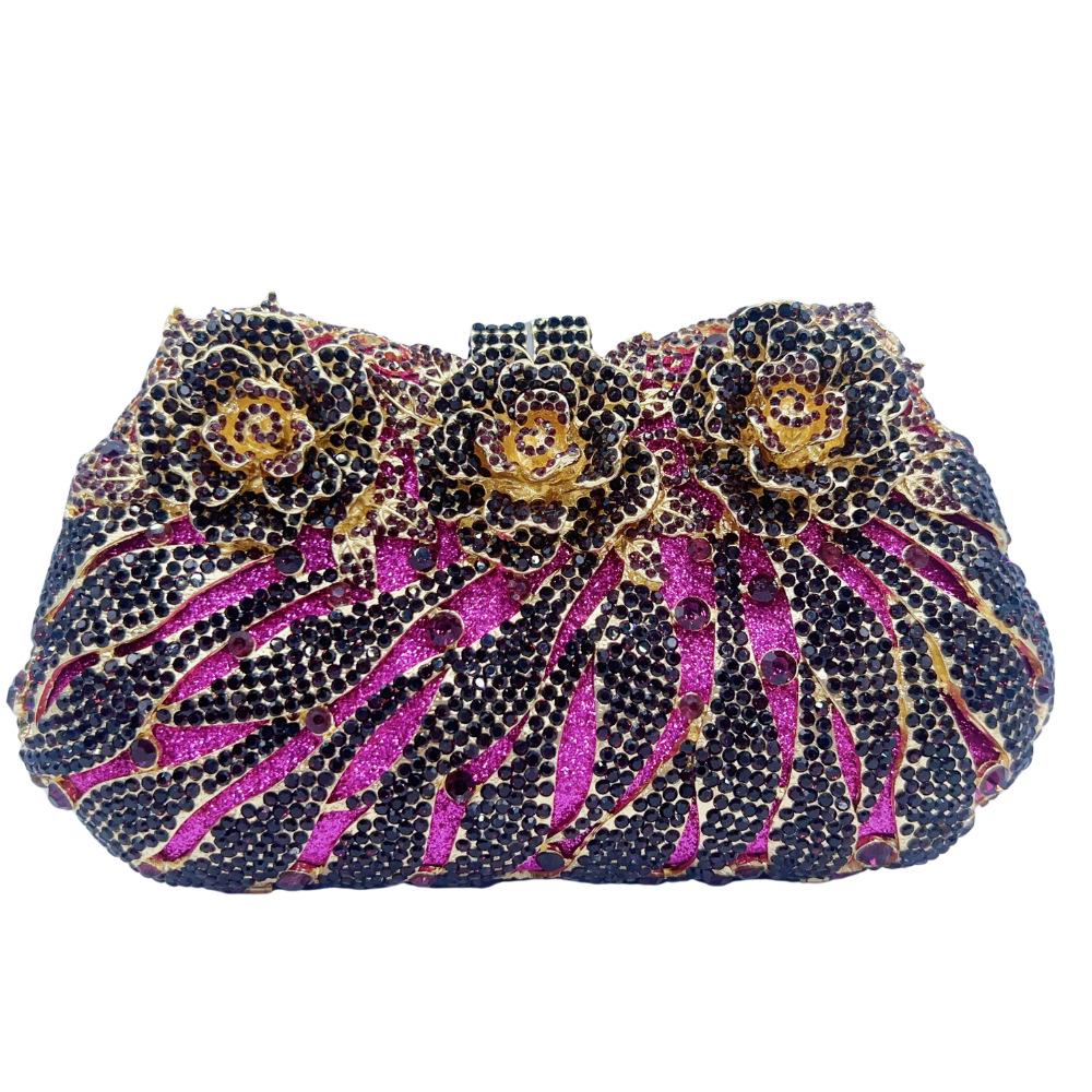 

Rose Flower Diamond-Inlaid Stone Clutch: Elegant Metal Evening Bag for Women