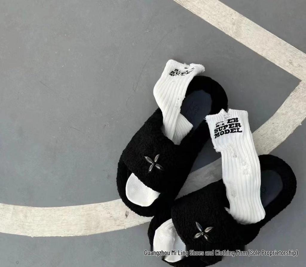 2024 High-Version SMF-K Fur Slippers: Thick-Soled Leather & Velvet Cross Design in Black/Gray