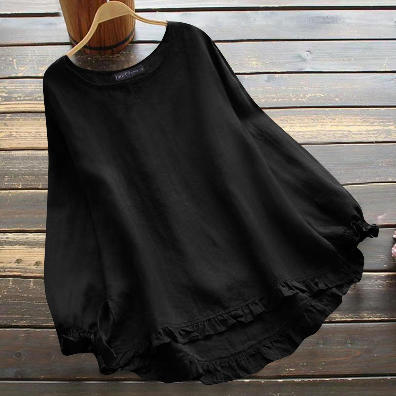 Женская хлопково-льняная однотонная свободная рубашка с круглым вырезом и длинными — фото 6