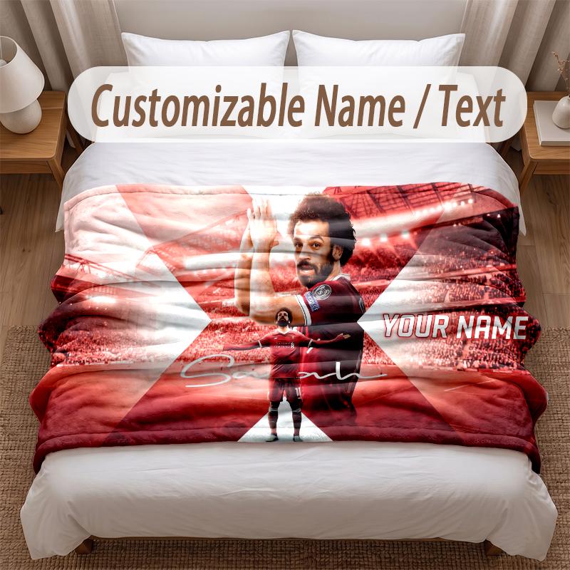 Mohamed Salah Bedruckte Flanelldecke Benutzerdefinierter Name Text Weiche Warme Decke für Schlafzimmer Feiertagsgeschenk