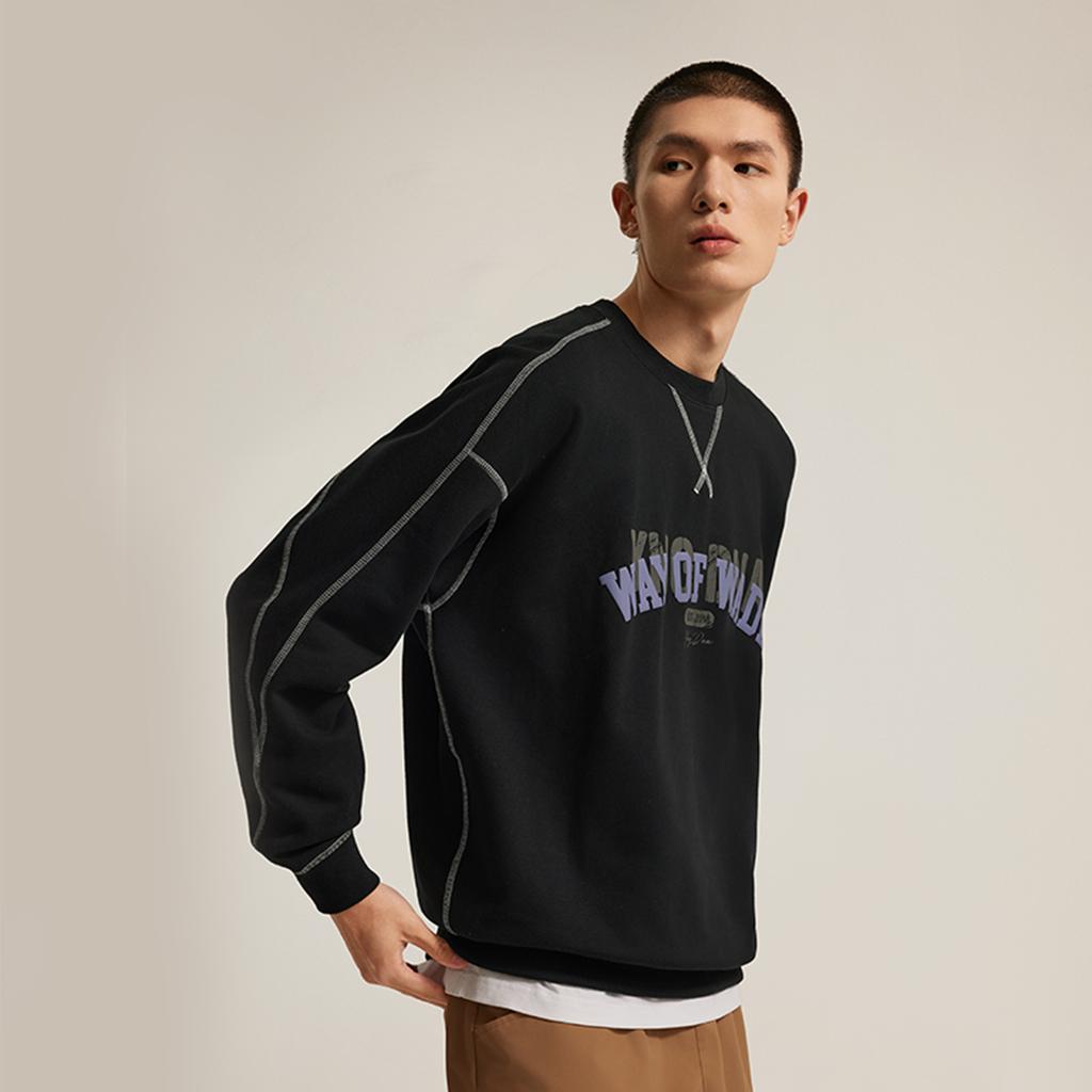Li Ning x YNG DNA Wade Collection, Crew Neck Letter Print Embroidery Fleece Lined Thermal Loose Fit Pullover Sweatshirt AWDUH29-1