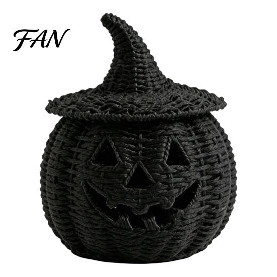 Schwarze Harz-Dekorationsstatue, Rattan-Optik, Halloween-Kürbisfigurine, mit Hexen-Einzigartigem Mattem Figurenhut, Rustikales Weidenkorb-Tischornament für Party