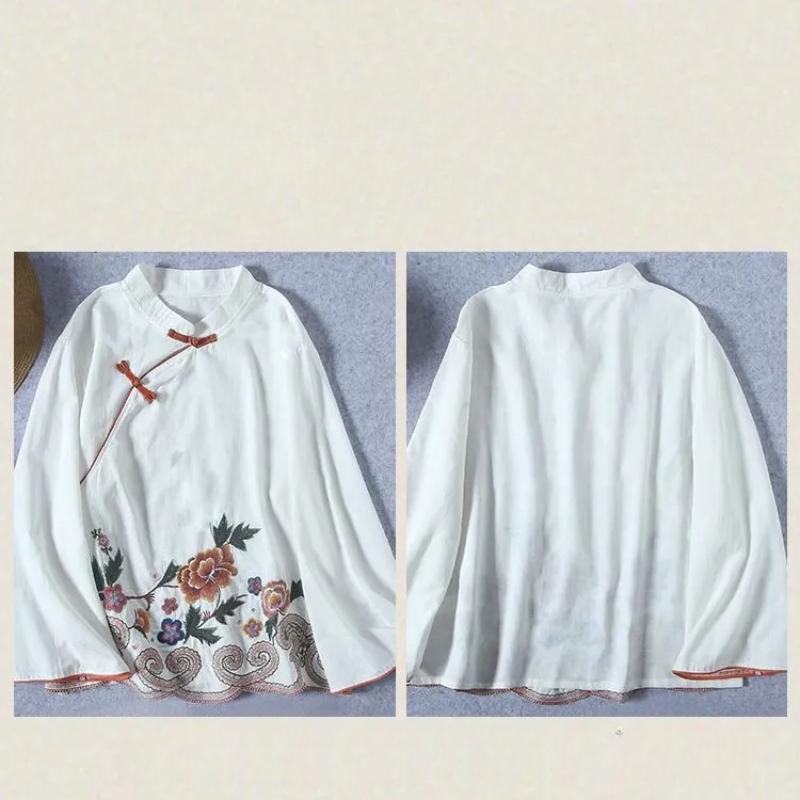 Spring  Retro  Chinese Style Embroidered Cotton and Linen Shirts  Buttoned Long-sleeved Stand-up Collar Clothes Loose Tops