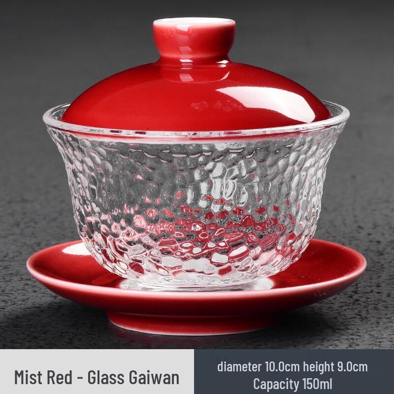 Sacrificial Red Ceramic Sancai Tea Bowl with Glass Lid