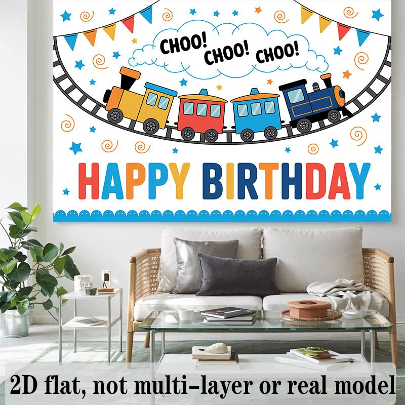 Cartoon Train Birthday Banner, Colorful Engine Backdrop Wall Decor for Kids Party