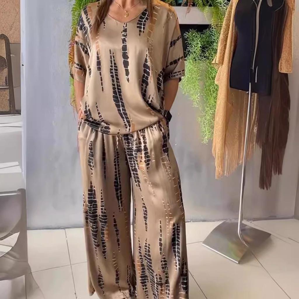 Women's Abstract Print Loose Fit Short Sleeve Top and Wide Leg Pants Set