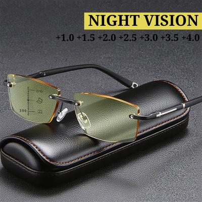 Multifocal Night Vision Reading Glasses for Men Unisex Rimless Square Eyeglases Trendy New Near Far Presbyopia Eyewear +4.0