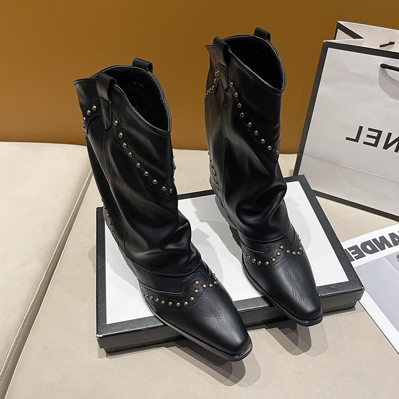 Autumn cowboy boots western knight boots retro new pointed boots thick heel short boots women's pants tube rivet fashion