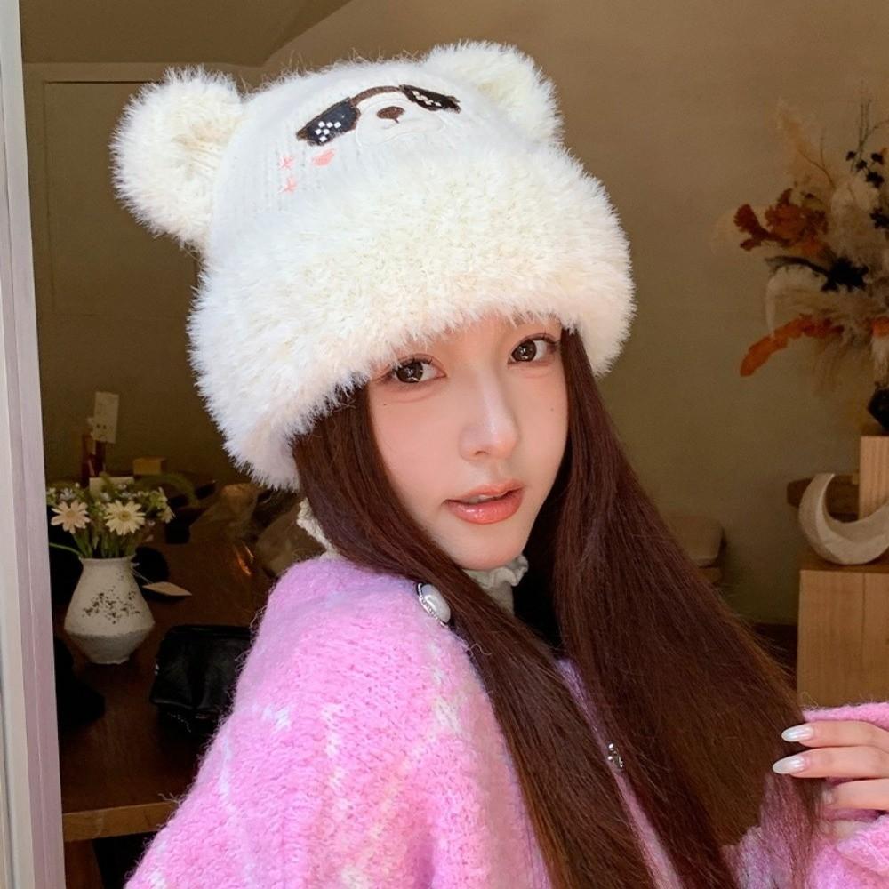 Large Head Circumference Bear Ear Hat Face Slimming Design Winter Beanie Hat Daily Casual