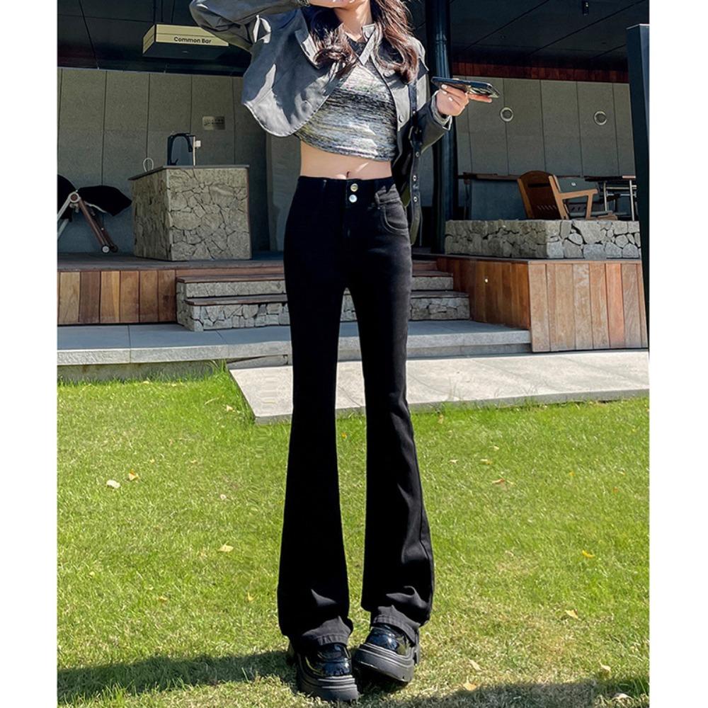 Spring and autumn new double-buckle micro-horn jeans women's high-waisted slim-fitting and thin elastic horn jeans tide