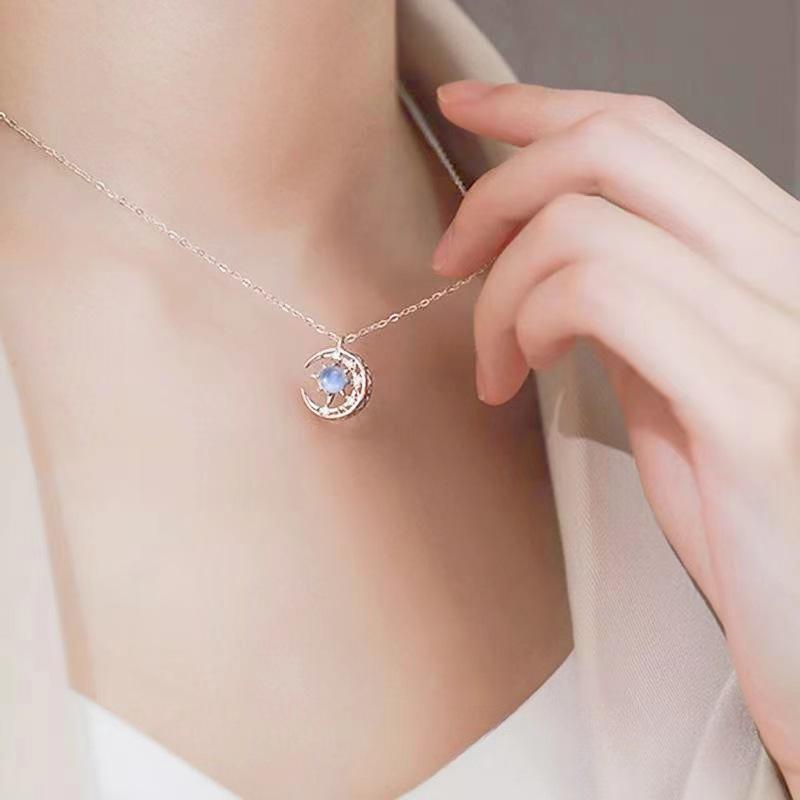 Náhrdelník s měsíčním kamenem pro ženy s vkusným designem, vysoce kvalitní šesticípý řetízek na klíční kost, všestranný a jednoduchý