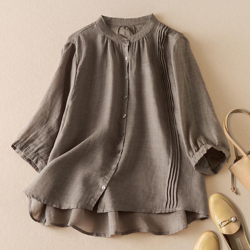Women's Vintage Pleated Button Down Shirt Cotton Linen Stand Collar Casual Summer Blouse