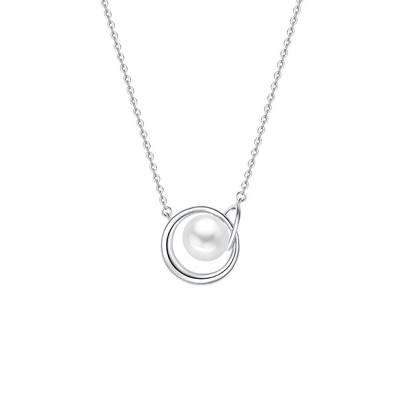 S925 Sterling Silver Freshwater Pearl Necklace for Women with Interlocking Rings Design 925 Silver