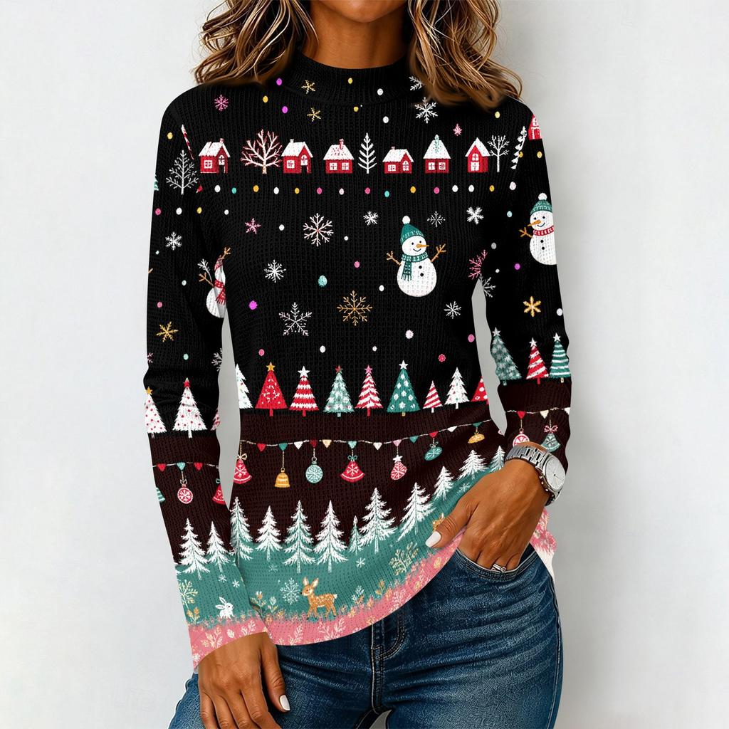 Women's Casual Knit Long Sleeve T-Shirt with High Neck Christmas Print