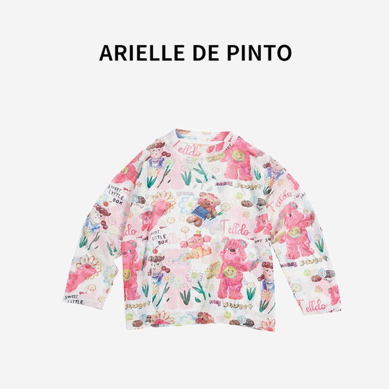 French Arielle De Pinto Girls  Ice Silk Mesh Sun Protection Clothing Summer Sweet Girl Ice Silk T-Shirt Bear paragraph 130cm