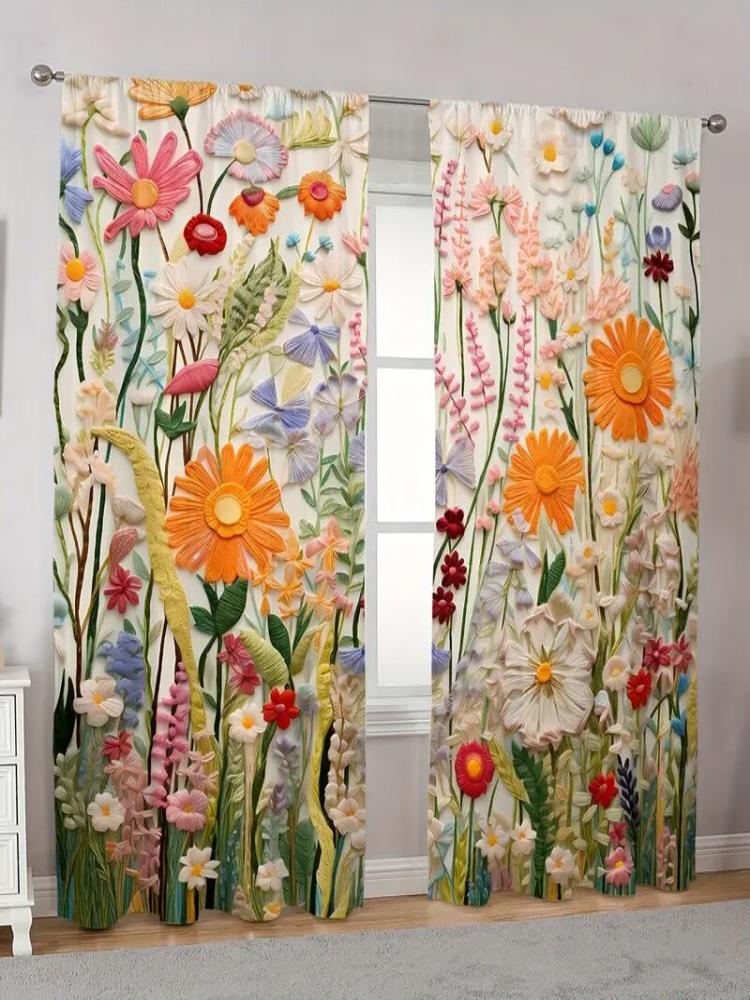 2 sztuki - Klasyczne zasłony ze sztuką i nadrukiem roślinnym, zasłony z tunelem na karnisz, dekoracja domu, dekoracja pokoju