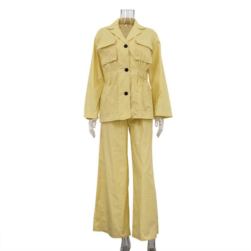 

2025 European and American Street Fashion Set Women Lapel Long sleeve Design Sense Waist Hugging Top Wide Leg Pants Two-piece Set Yellow L