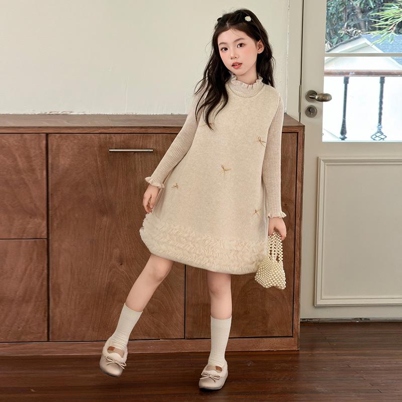 Girls  Woolen Bowknot Dress Set - Long Skirt & Knit Vest 160 cm