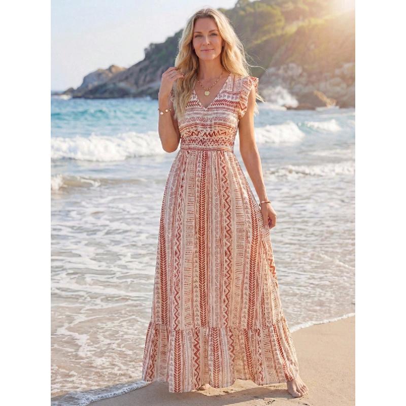 Women's 2026 Summer New Printed Dress for Beach Vacation, Vintage Satin Long Skirt