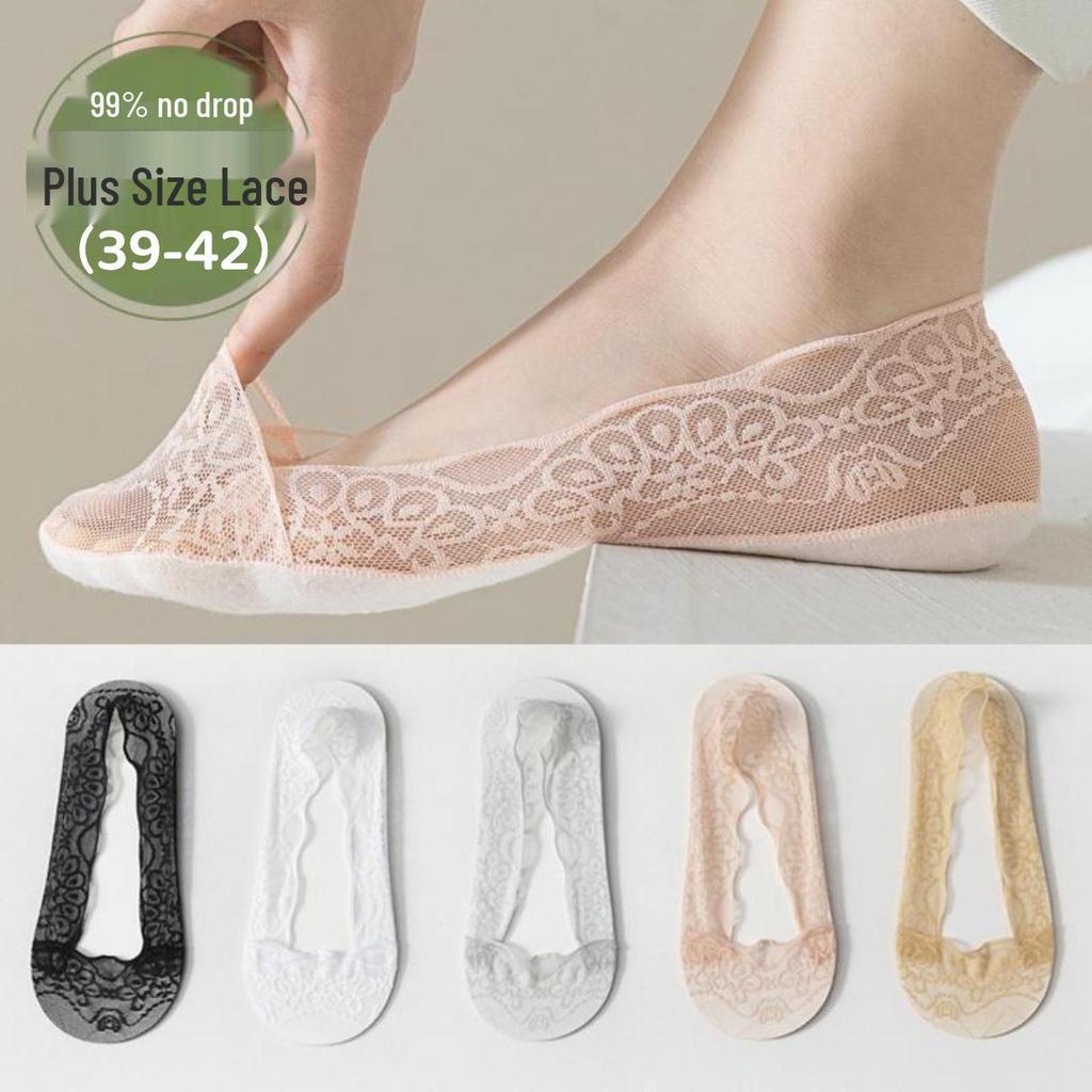 Women's Plus Size Lace-Trimmed Invisible Boat Socks - Breathable, Cotton Anti-Slip, Low-Cut.