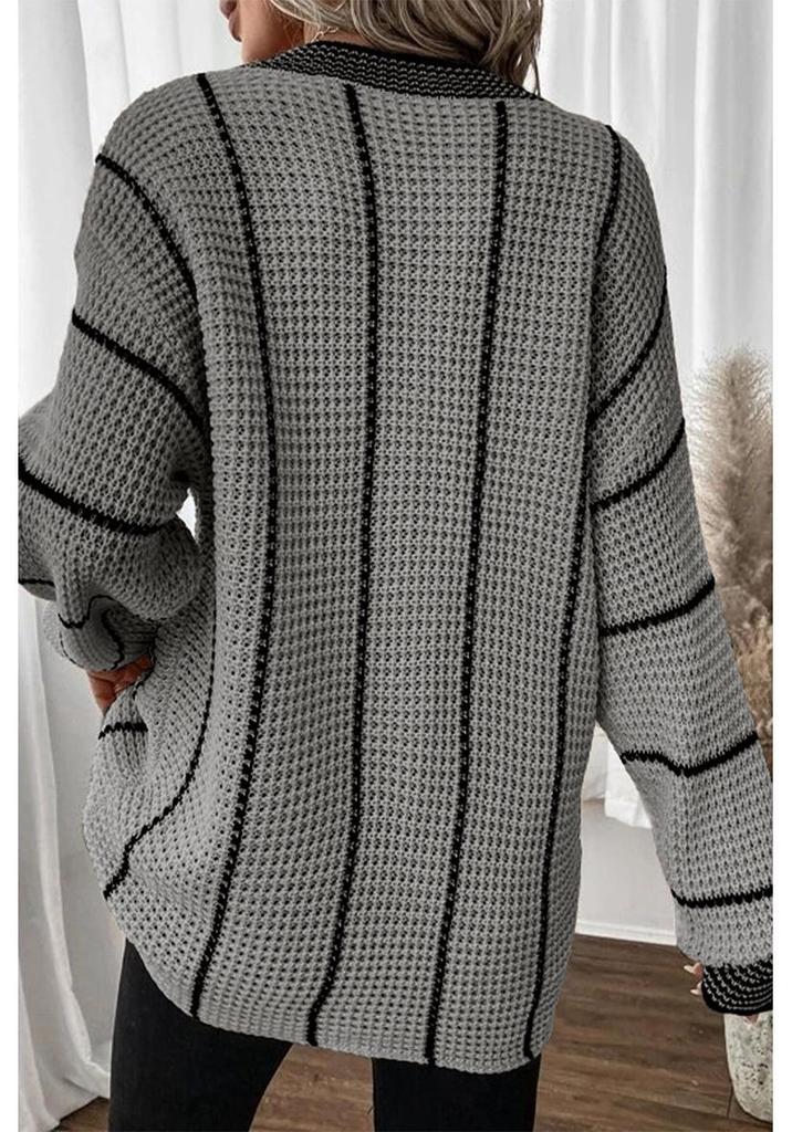 Autumn 2025 V-neck Knit Pullover: European-American Style, Hip-Length Striped Sweater for Women