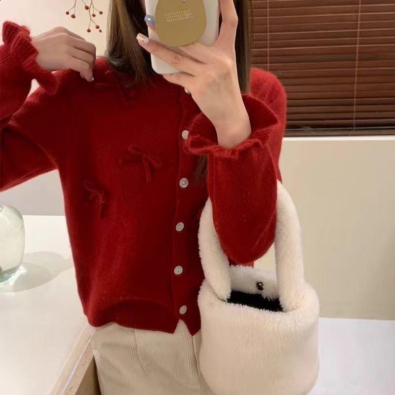 

Женский топ для верхней одежды, нишевый дизайн, круглый вырез, бант в западном стиле, корейский вязаный кардиган, свитер, весна и осень one size красный